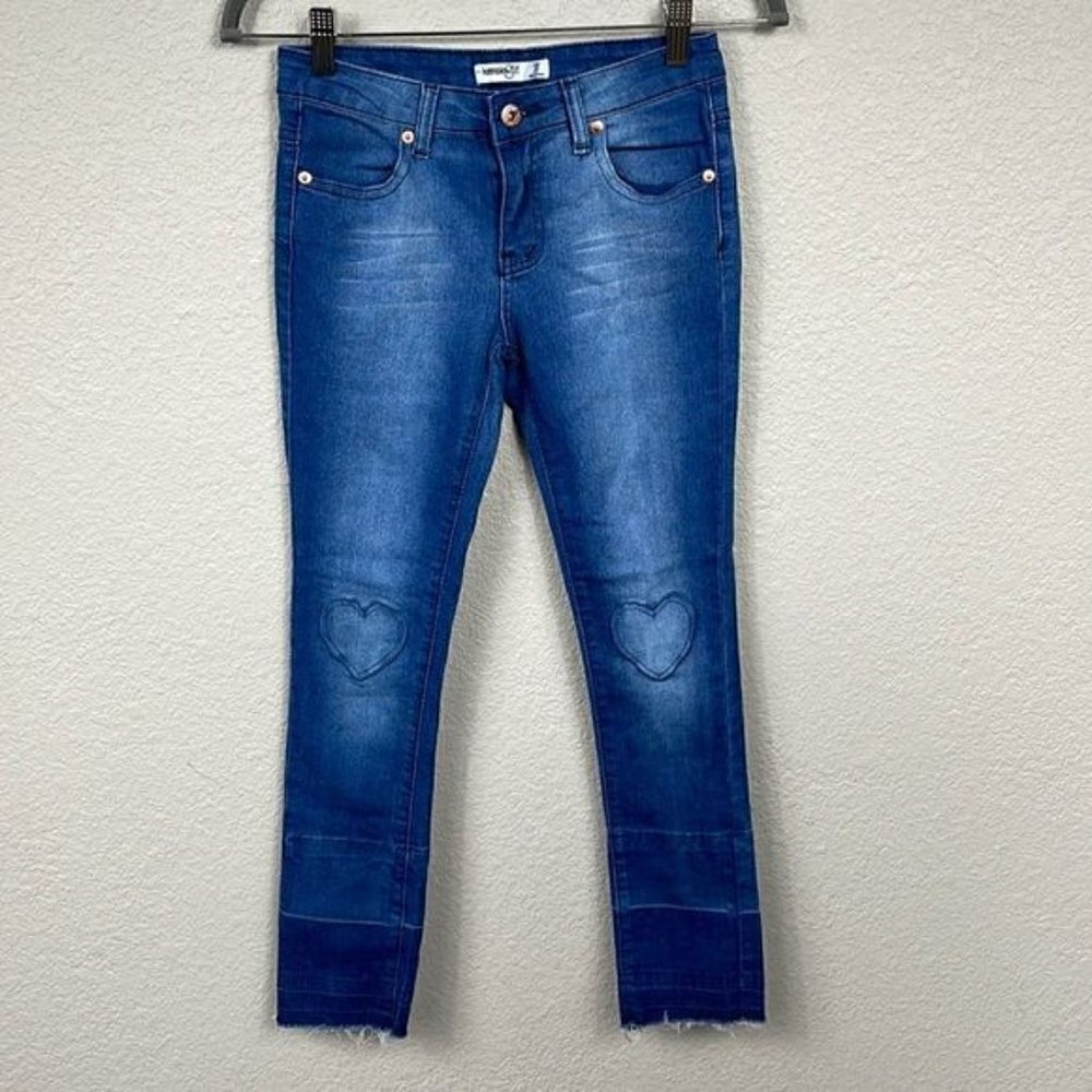 Kensie Girl Heart Knee Jeans Frayed Hem Medium Blue Sz 12